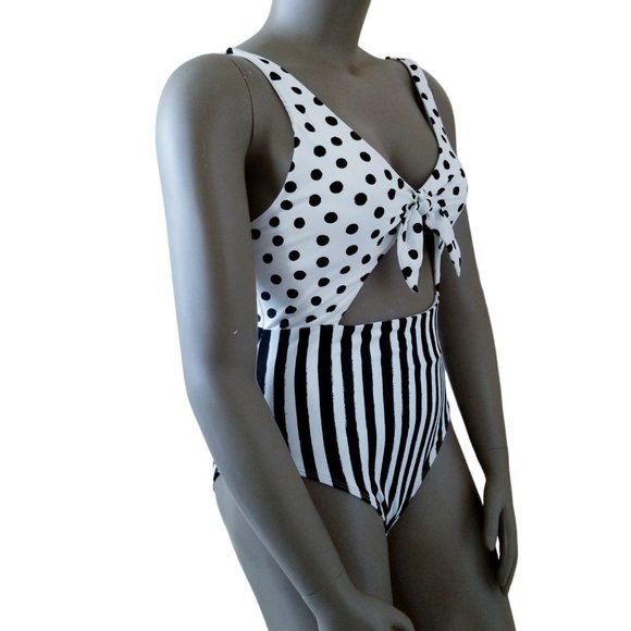 Pin-Up Polka Dot Striped Tie Front Keyhole Cheeky 1-Pc Swimsuit XL White Black - Picture 16 of 16